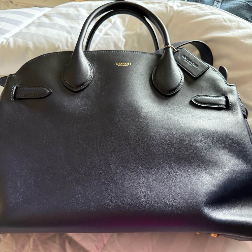 Coach Navy Blue Burnished Leather Empire 40 Tote preowned dust bag & strap incl